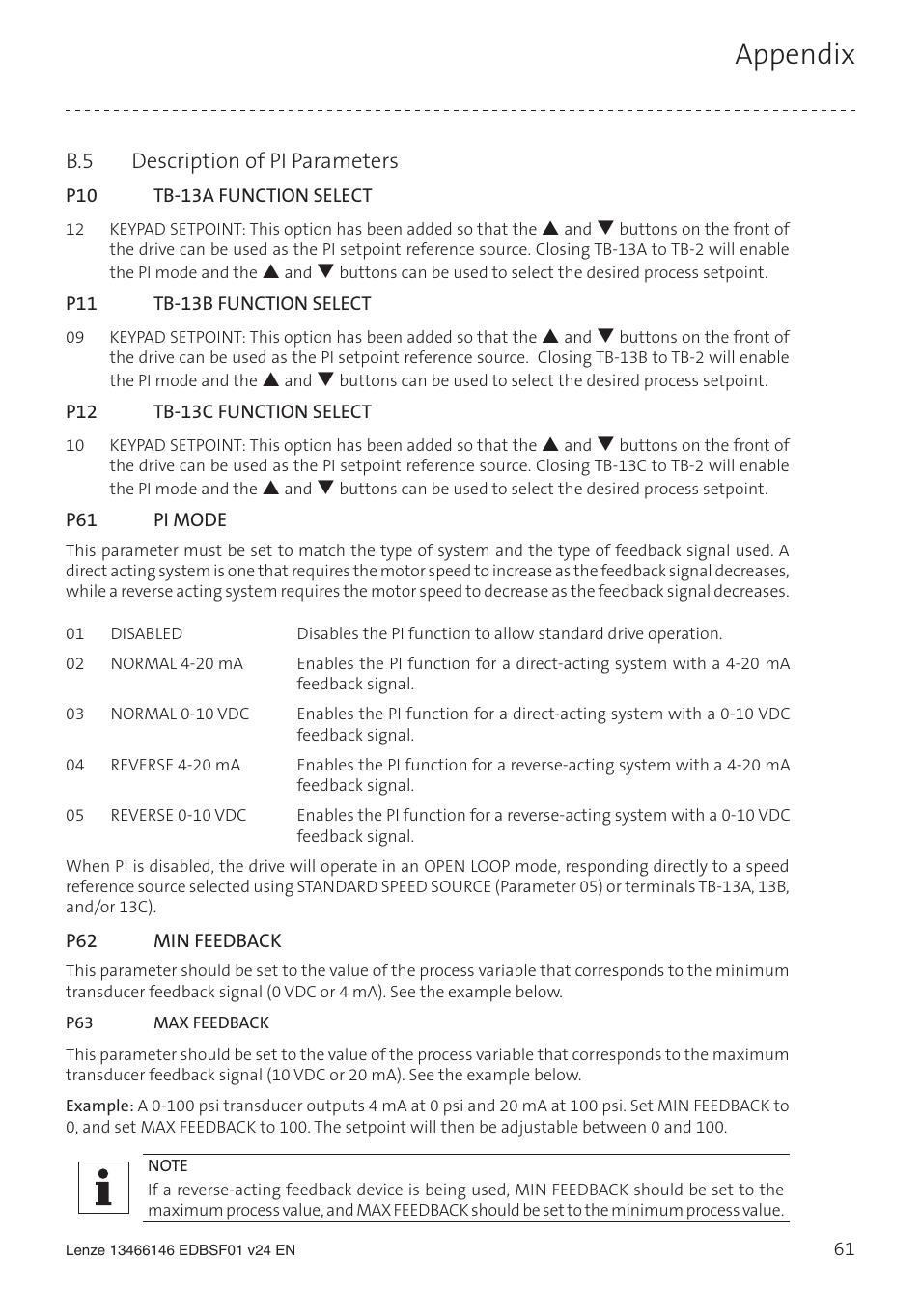 Appendix, B.5 description of pi parameters | Lenze SCF frequency inverter User Manual | Page 61 / 68