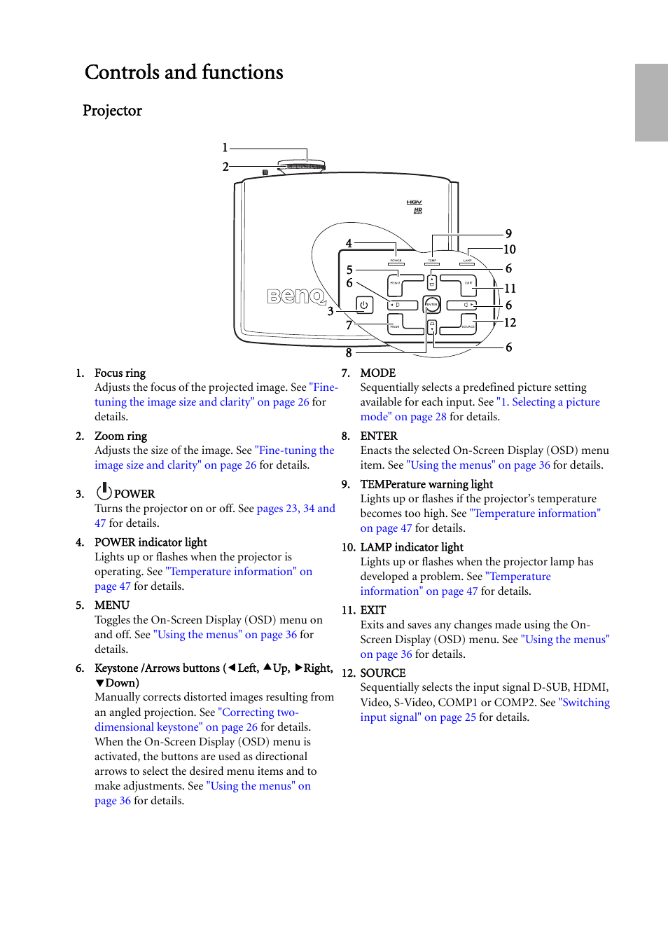 Controls and functions, Projector, English | BenQ W500 User Manual | Page 11 / 54
