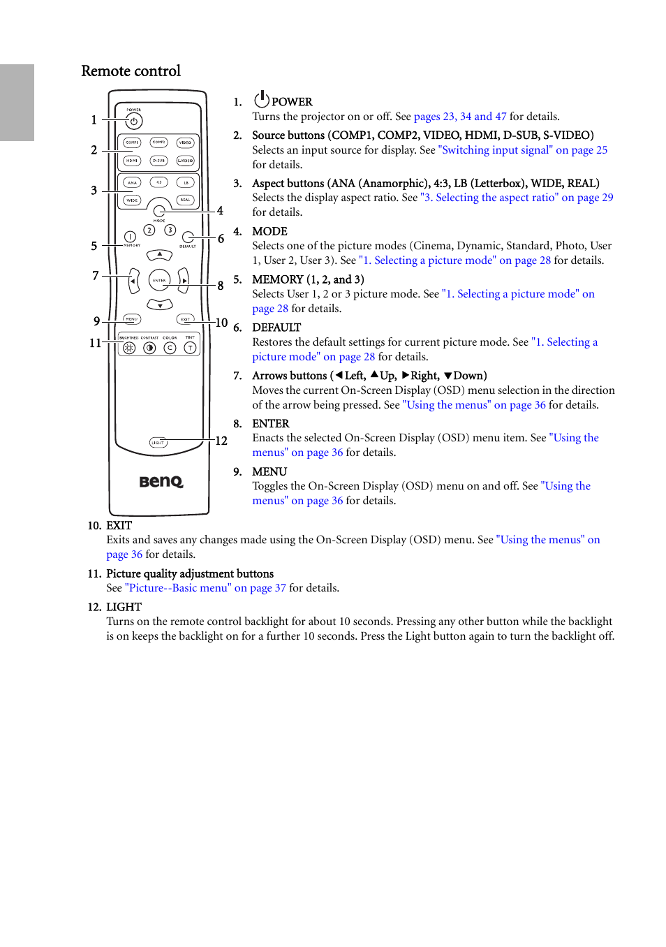Remote control, English remote control | BenQ W500 User Manual | Page 12 / 54