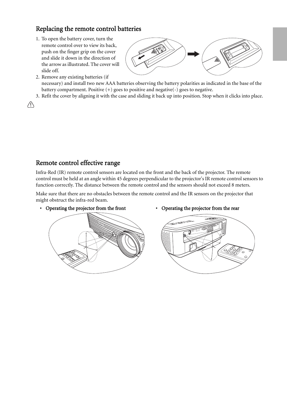 Replacing the remote control batteries, Remote control effective range, English replacing the remote control batteries | BenQ W500 User Manual | Page 13 / 54