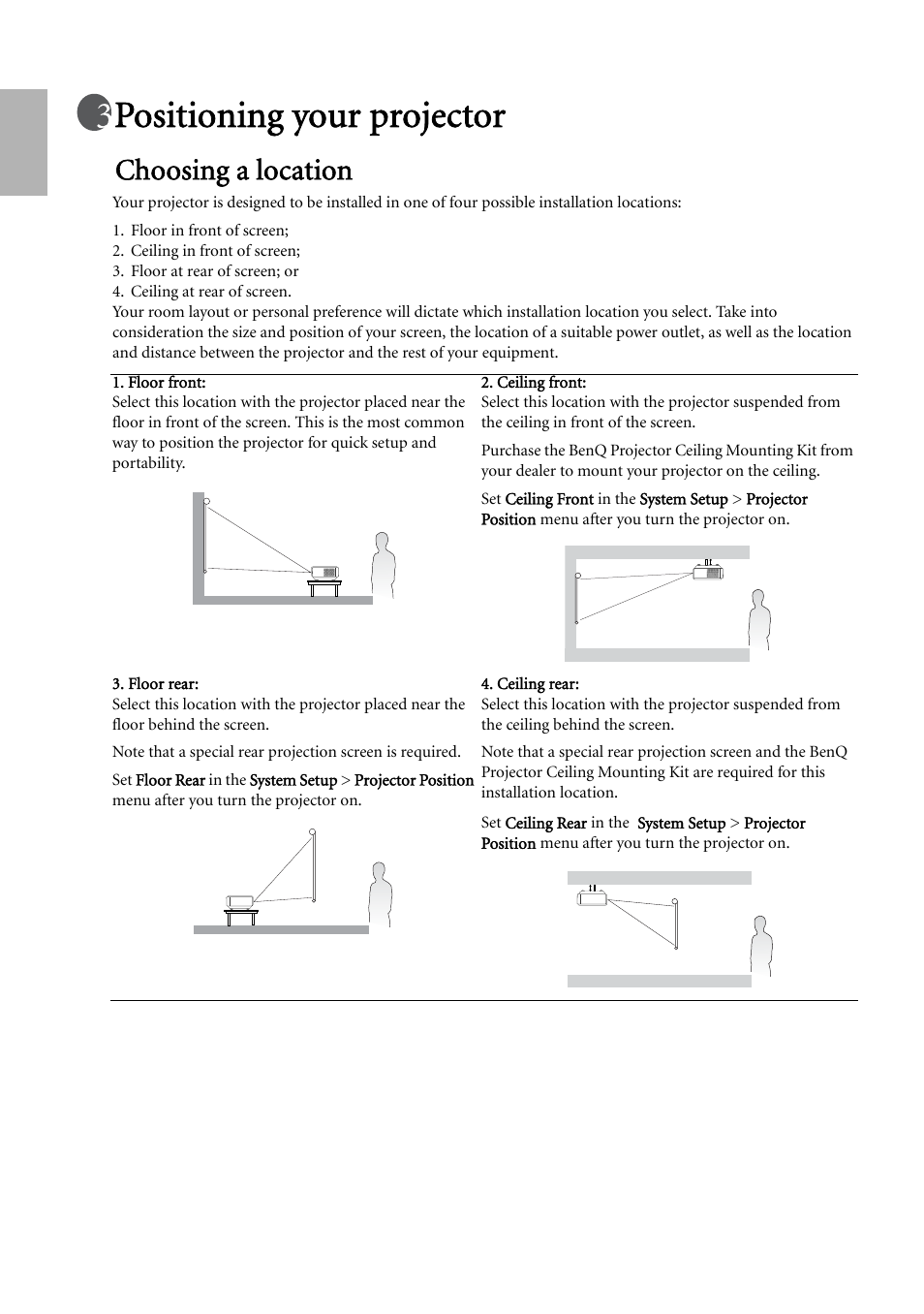 Positioning your projector, Choosing a location | BenQ W500 User Manual | Page 14 / 54