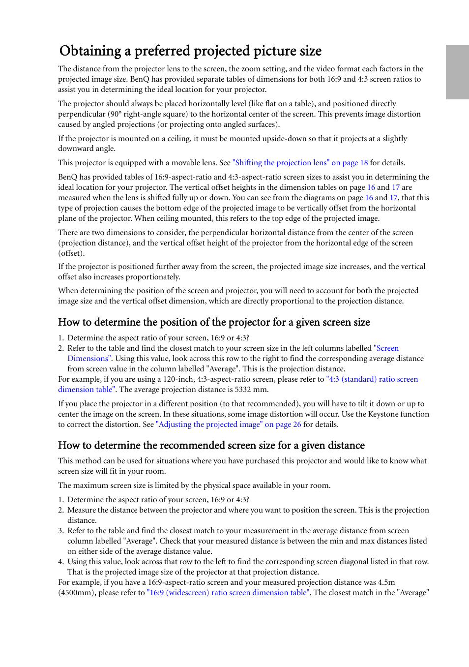 Obtaining a preferred projected picture size, English | BenQ W500 User Manual | Page 15 / 54