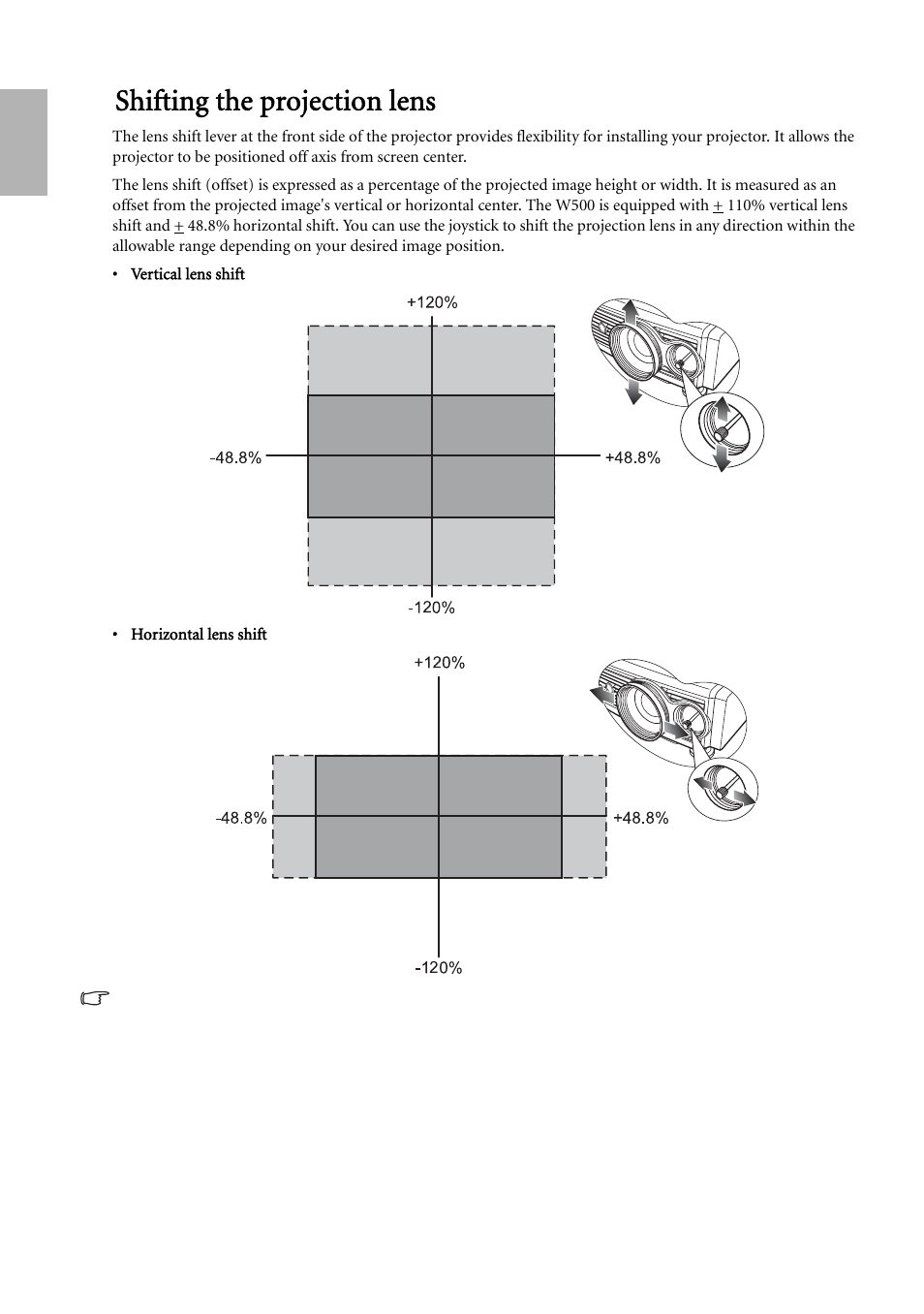 Shifting the projection lens, English | BenQ W500 User Manual | Page 18 / 54