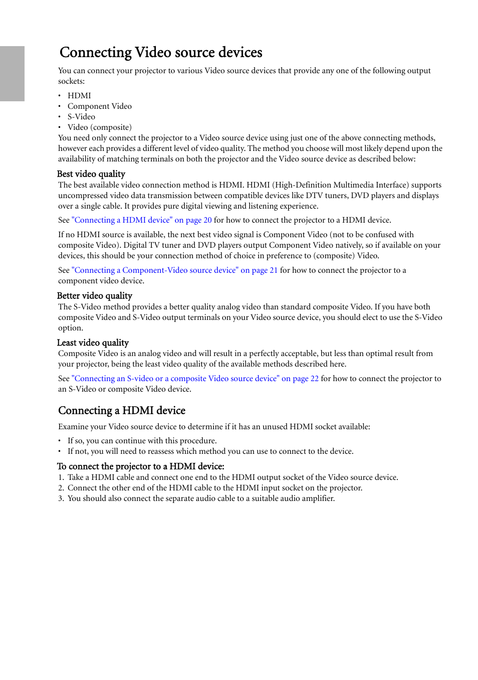 Connecting video source devices, Connecting a hdmi device, English | BenQ W500 User Manual | Page 20 / 54