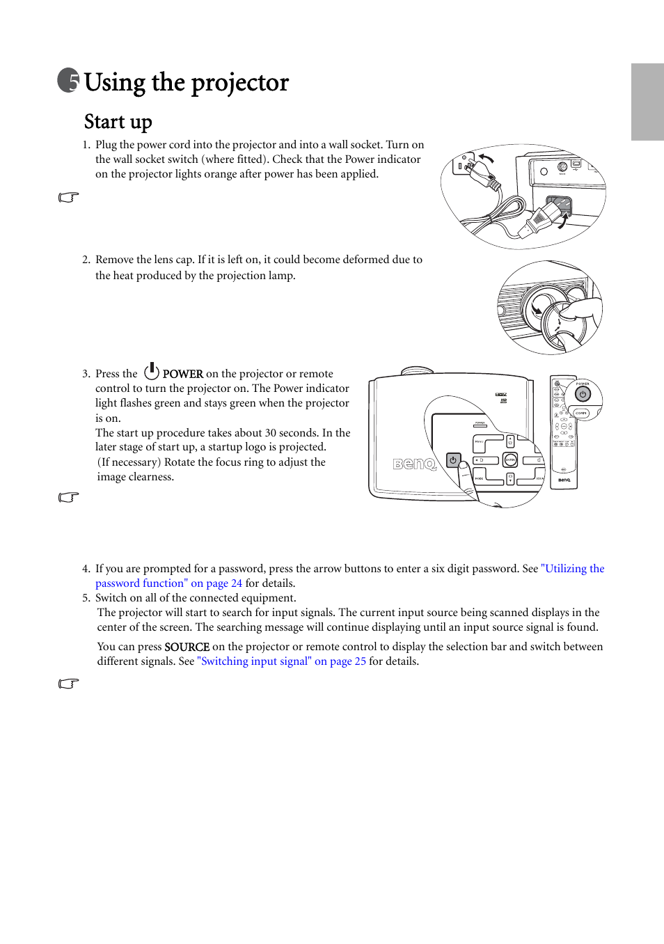 Using the projector, Start up, English | BenQ W500 User Manual | Page 23 / 54