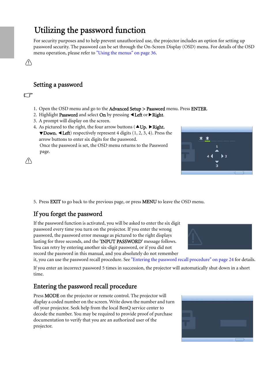 Utilizing the password function, Setting a password, If you forget the password | Entering the password recall procedure, Utilizing the, English | BenQ W500 User Manual | Page 24 / 54