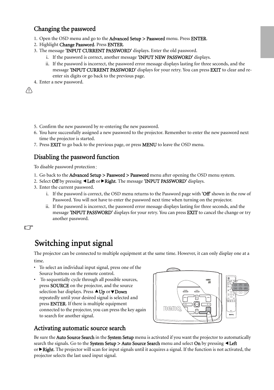 Changing the password, Disabling the password function, Switching input signal | Activating automatic source search, Switching, English changing the password | BenQ W500 User Manual | Page 25 / 54