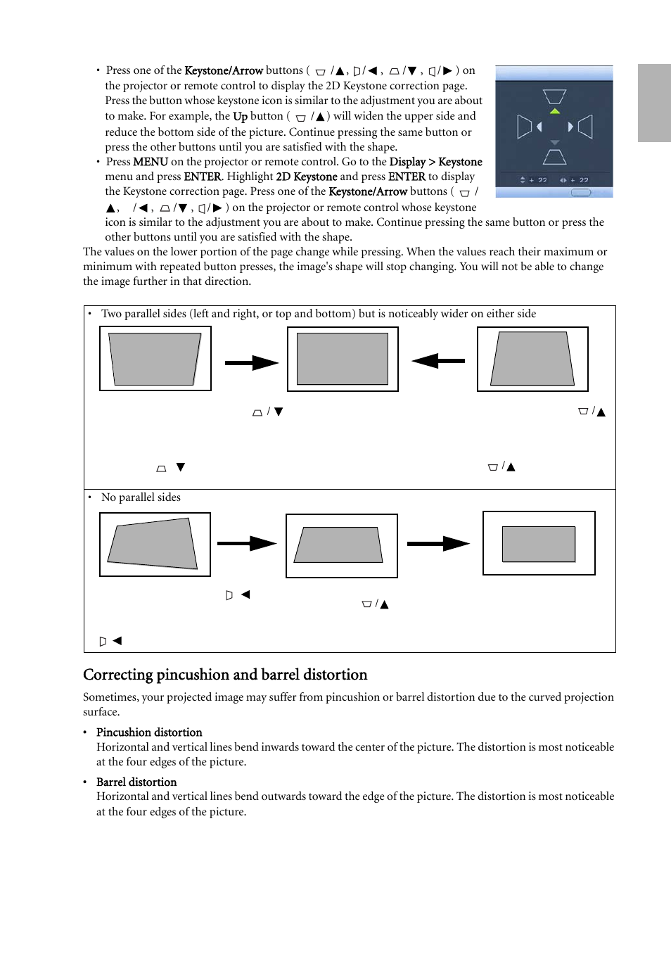 Correcting pincushion and barrel distortion, English | BenQ W500 User Manual | Page 27 / 54