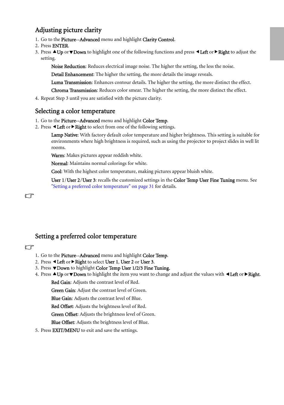Adjusting picture clarity, Selecting a color temperature, Setting a preferred color temperature | English adjusting picture clarity | BenQ W500 User Manual | Page 31 / 54