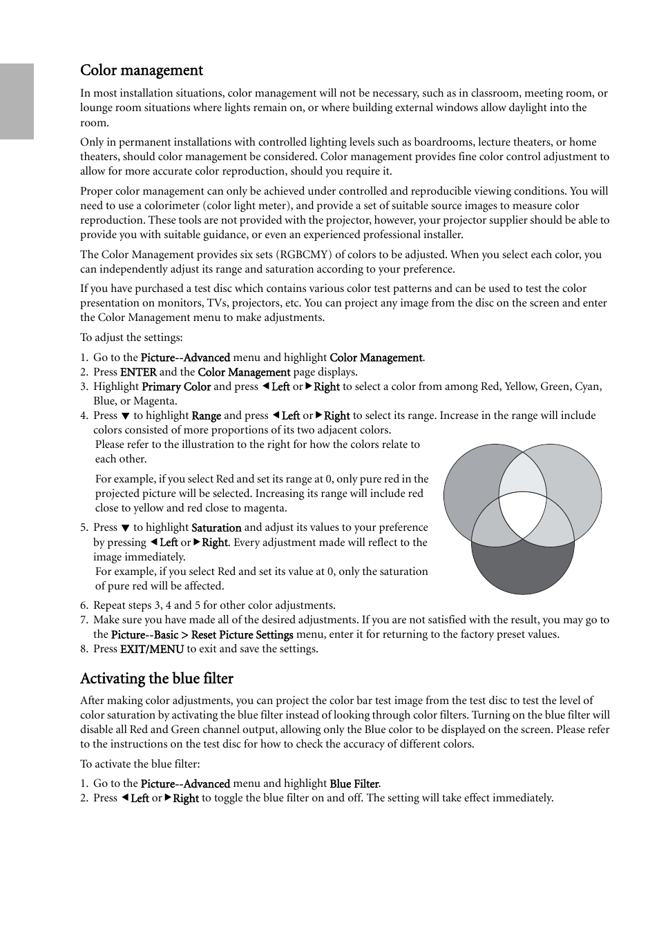 Color management, Activating the blue filter, Color management activating the blue filter | English color management | BenQ W500 User Manual | Page 32 / 54