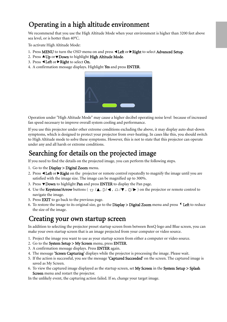 Operating in a high altitude environment, Searching for details on the projected image, Creating your own startup screen | English | BenQ W500 User Manual | Page 33 / 54