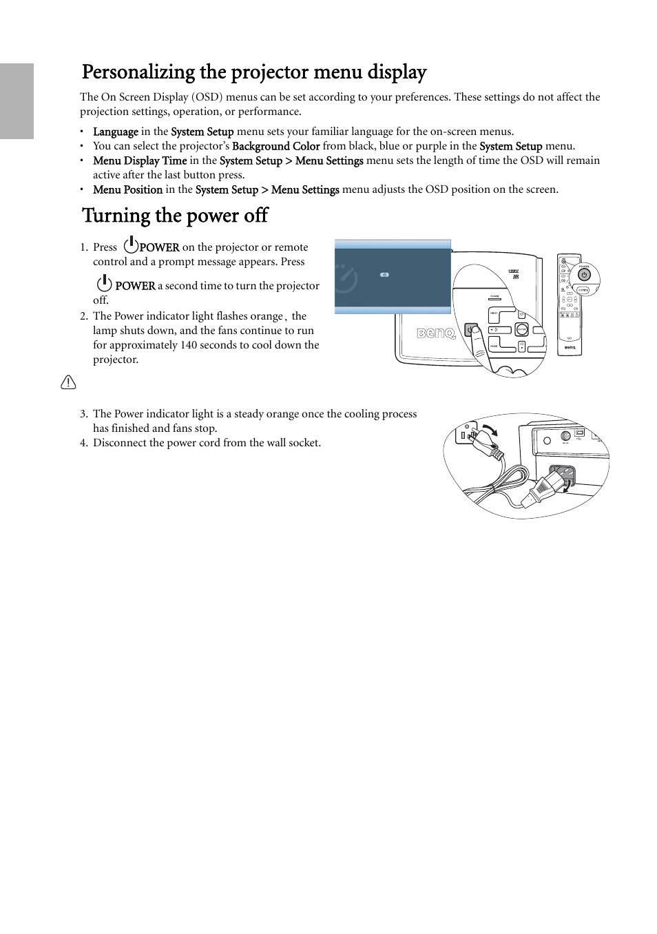 Personalizing the projector menu display, Turning the power off, English | BenQ W500 User Manual | Page 34 / 54