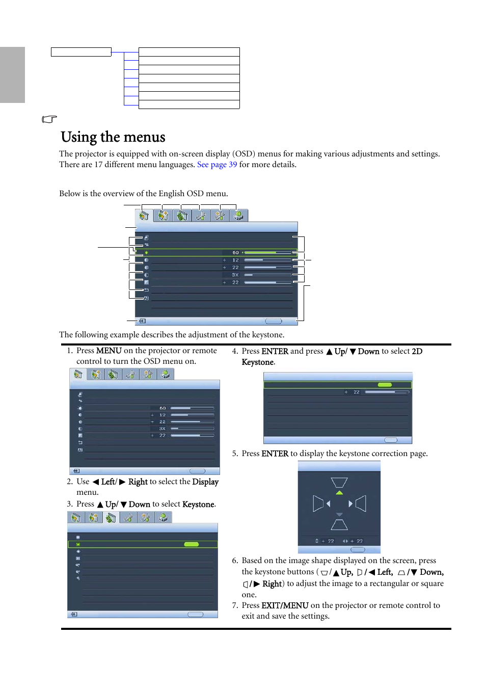 Using the menus, Using the menus" on, Using the | For deta, English | BenQ W500 User Manual | Page 36 / 54
