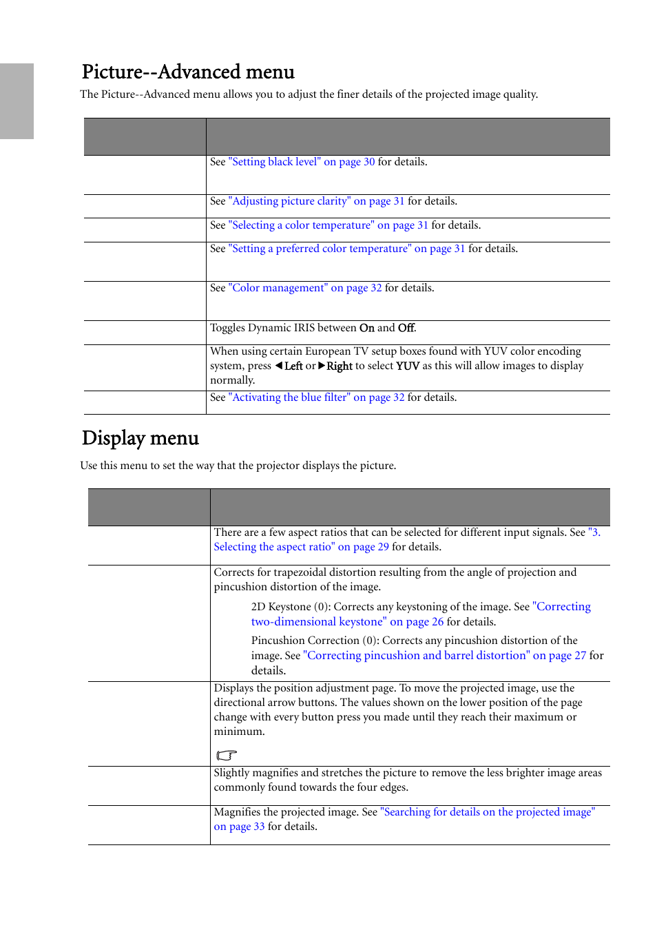 Picture--advanced menu, Display menu, Picture--advanced menu display menu | English | BenQ W500 User Manual | Page 38 / 54