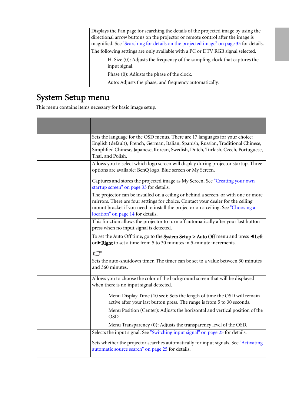 System setup menu, English | BenQ W500 User Manual | Page 39 / 54
