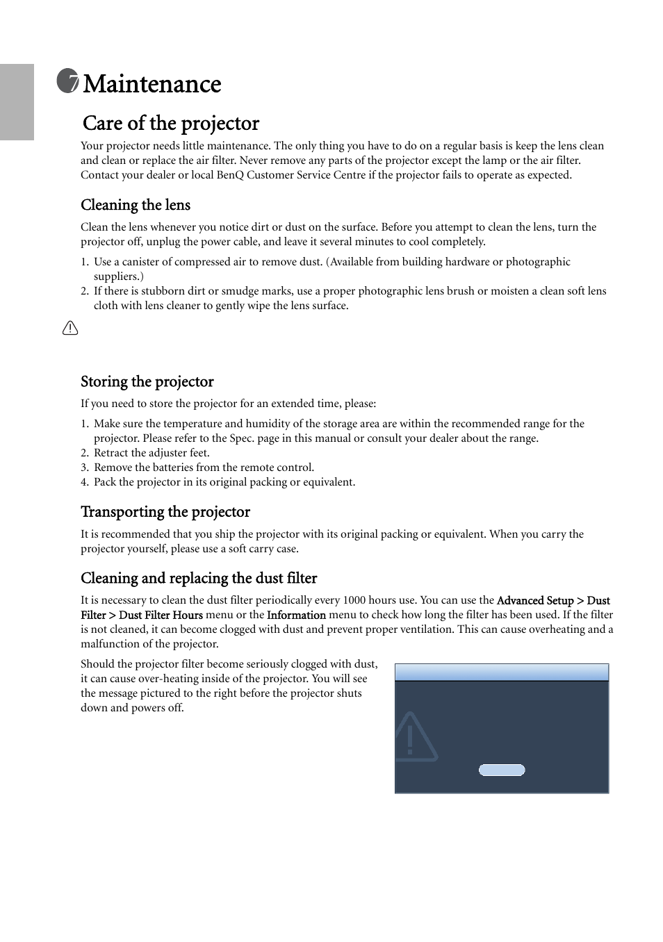 Maintenance, Care of the projector, Cleaning the lens | Storing the projector, Transporting the projector, Cleaning and replacing the dust filter, English | BenQ W500 User Manual | Page 42 / 54