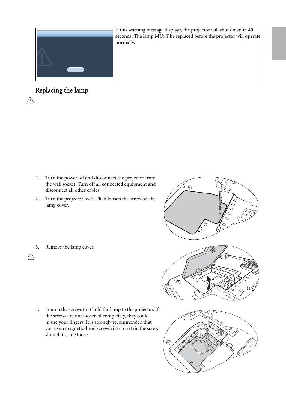 Replacing the lamp, For deta, English replacing the lamp | BenQ W500 User Manual | Page 45 / 54