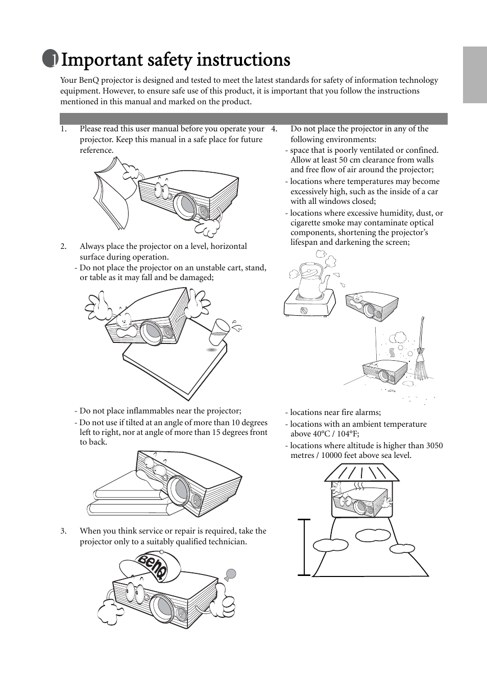 Important safety instructions, English | BenQ W500 User Manual | Page 5 / 54