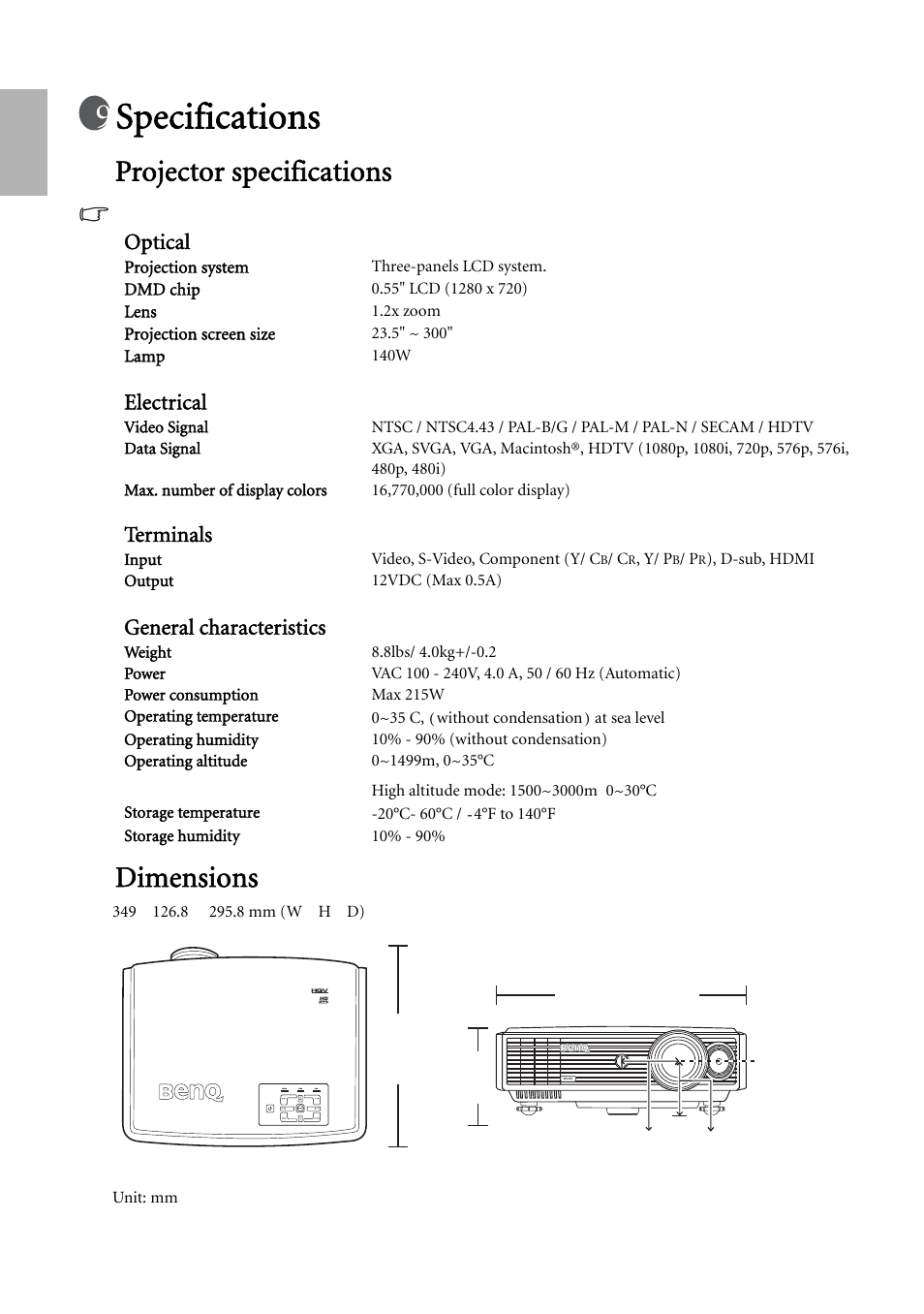 Specifications, Projector specifications, Optical | Electrical, Terminals, General characteristics, Dimensions, English | BenQ W500 User Manual | Page 50 / 54