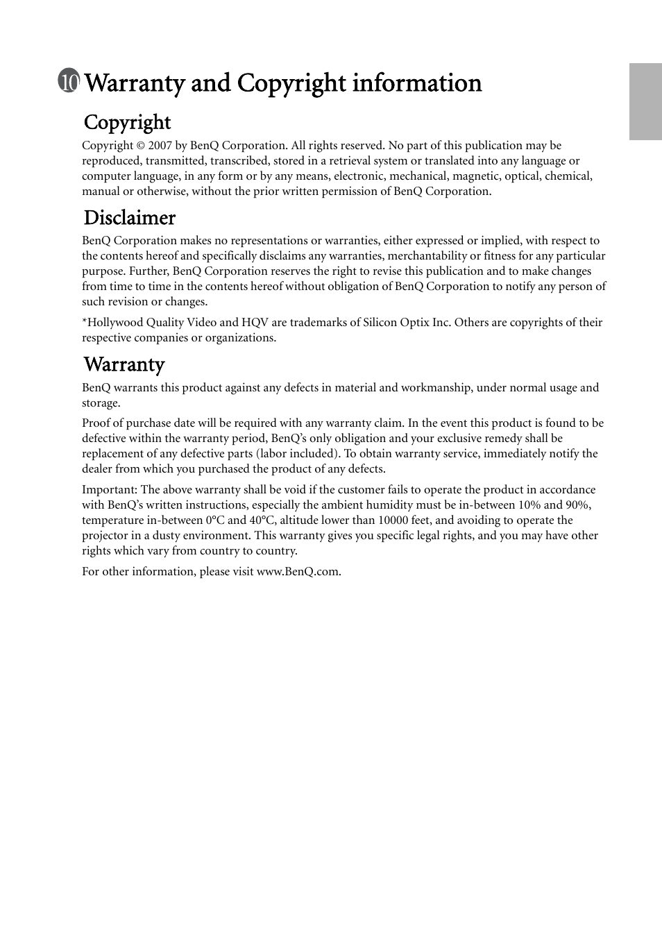 Warranty and copyright information, Copyright, Disclaimer | Warranty, Copyright disclaimer warranty | BenQ W500 User Manual | Page 53 / 54