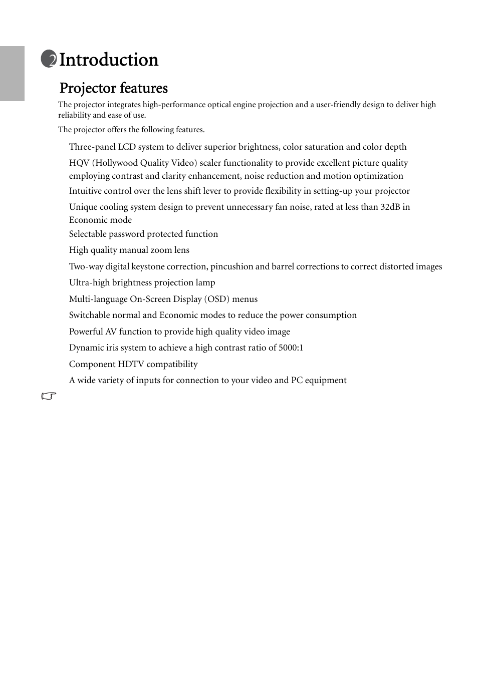 Introduction, Projector features | BenQ W500 User Manual | Page 8 / 54