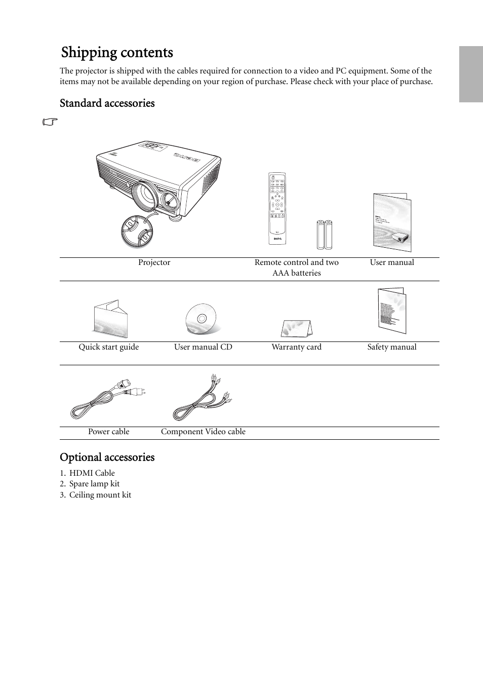 Shipping contents, Standard accessories, Optional accessories | Standard accessories optional accessories, English | BenQ W500 User Manual | Page 9 / 54