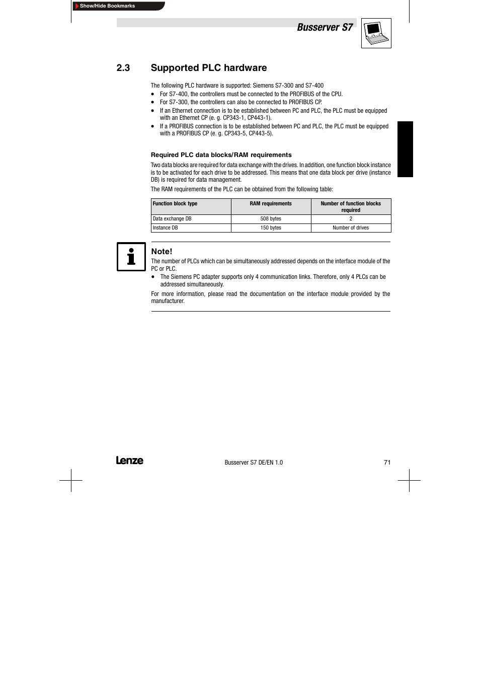 3 supported plc hardware, Supported plc hardware, Busserver s7 | Lenze Drive Server Bus server S7 getting started User Manual | Page 10 / 63