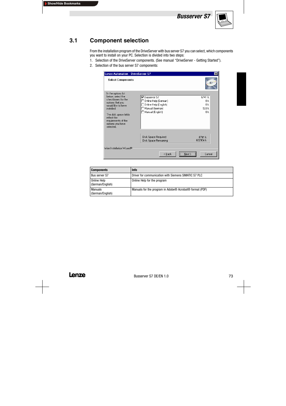 1 component selection, Component selection, Busserver s7 | Lenze Drive Server Bus server S7 getting started User Manual | Page 12 / 63