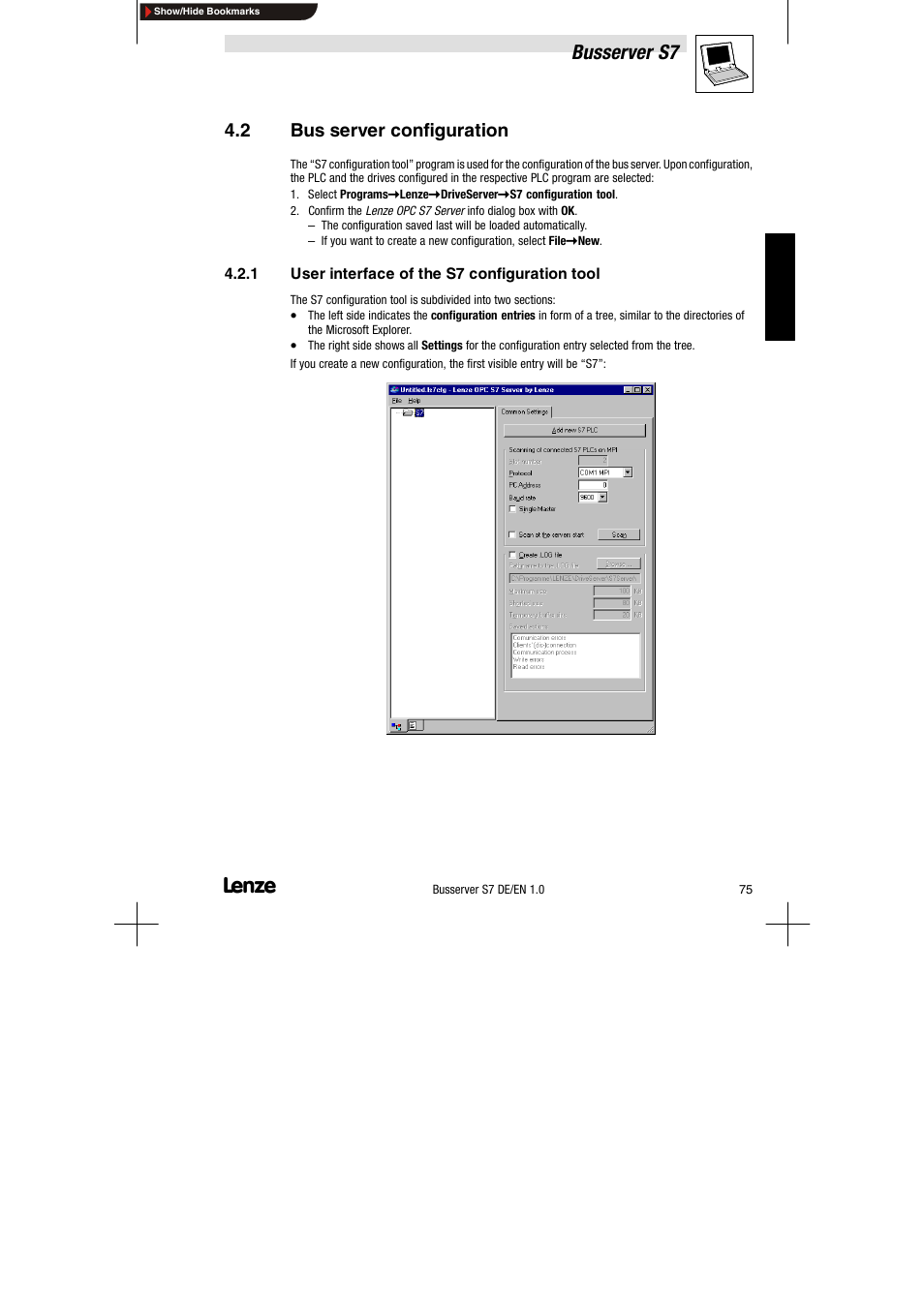 2 bus server configuration, 1 user interface of the s7 configuration tool, Bus server configuration | User interface of the s7 configuration tool, Busserver s7 | Lenze Drive Server Bus server S7 getting started User Manual | Page 14 / 63