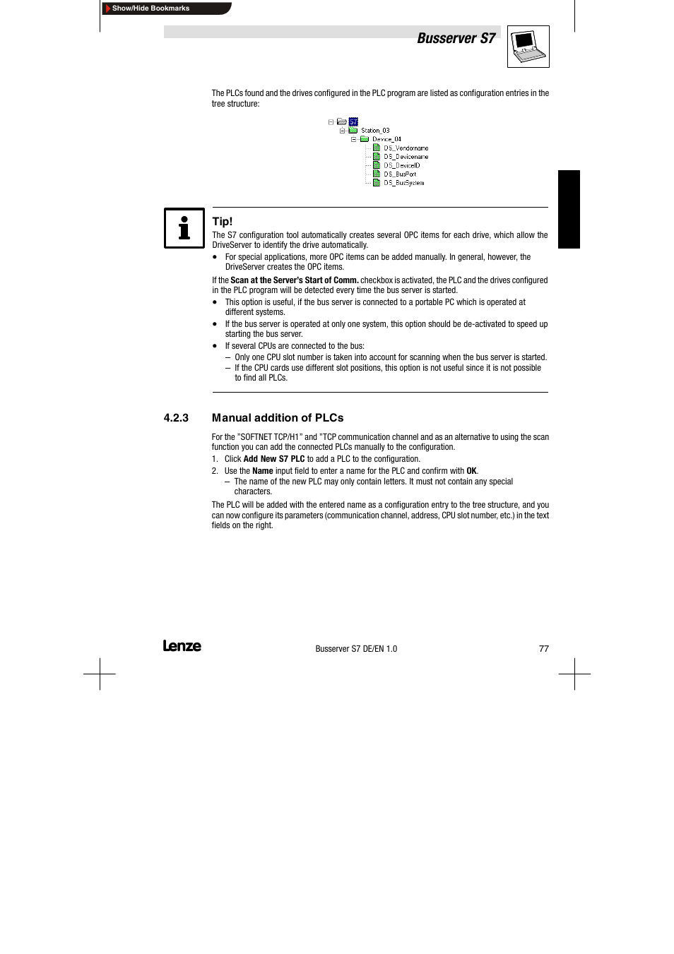 3 manual addition of plcs, Manual addition of plcs, Busserver s7 | Lenze Drive Server Bus server S7 getting started User Manual | Page 16 / 63