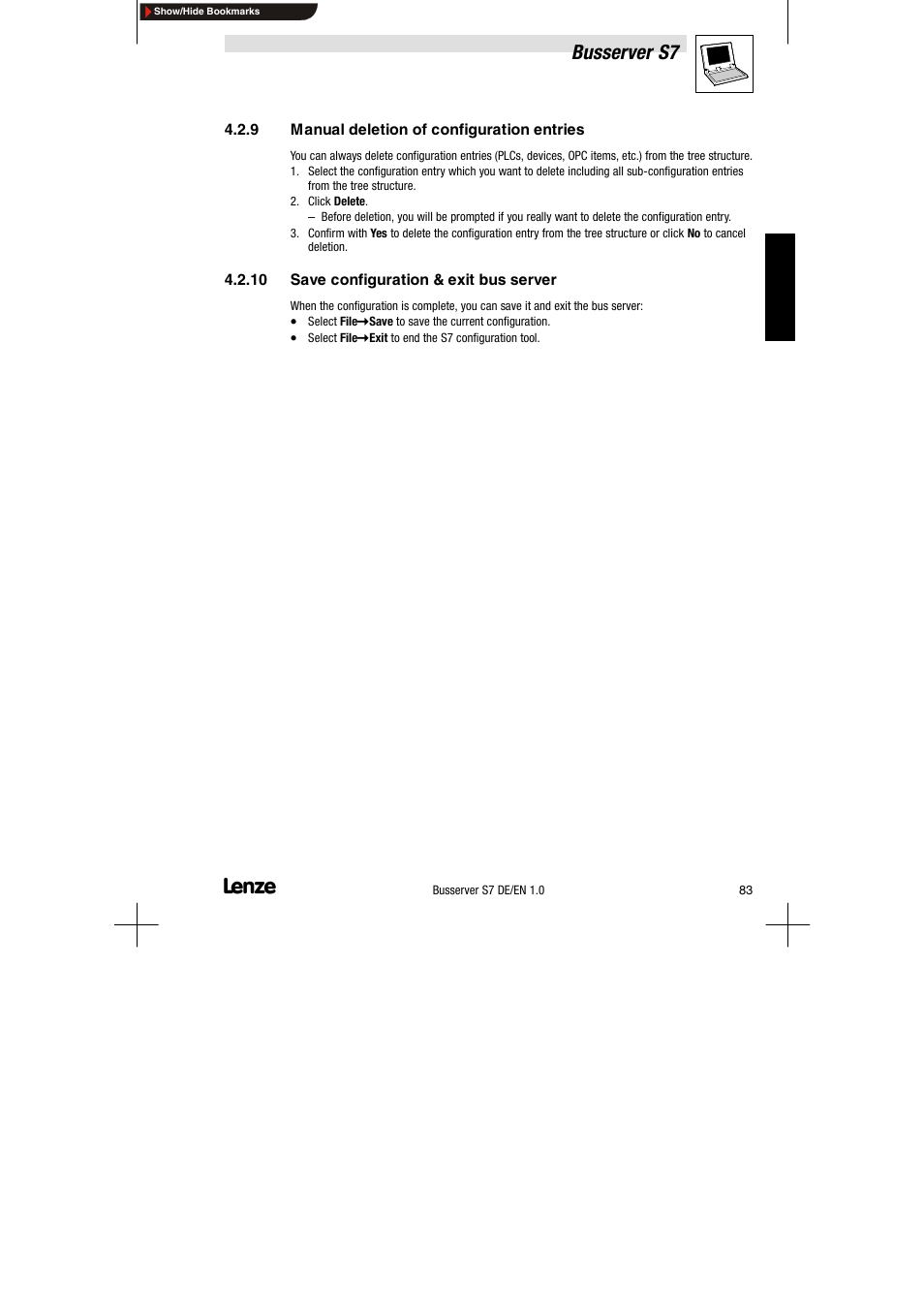 9 manual deletion of configuration entries, 10 save configuration & exit bus server, Manual deletion of configuration entries | Save configuration & exit bus server, Busserver s7 | Lenze Drive Server Bus server S7 getting started User Manual | Page 22 / 63