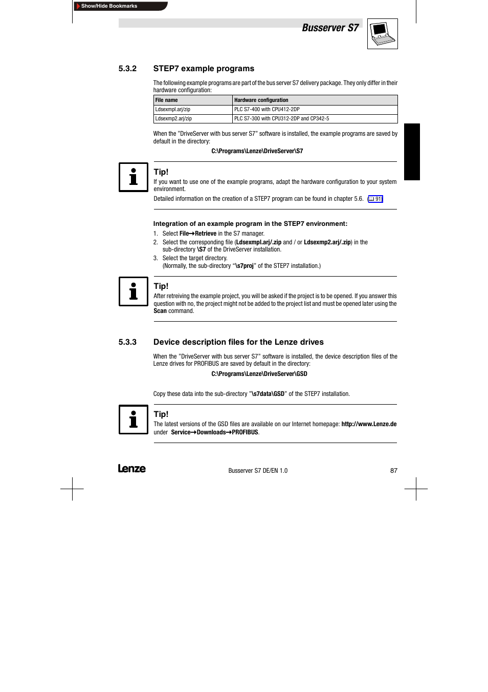 2 step7 example programs, 3 device description files for the lenze drives, Step7 example programs | Device description files for the lenze drives, Busserver s7 | Lenze Drive Server Bus server S7 getting started User Manual | Page 26 / 63