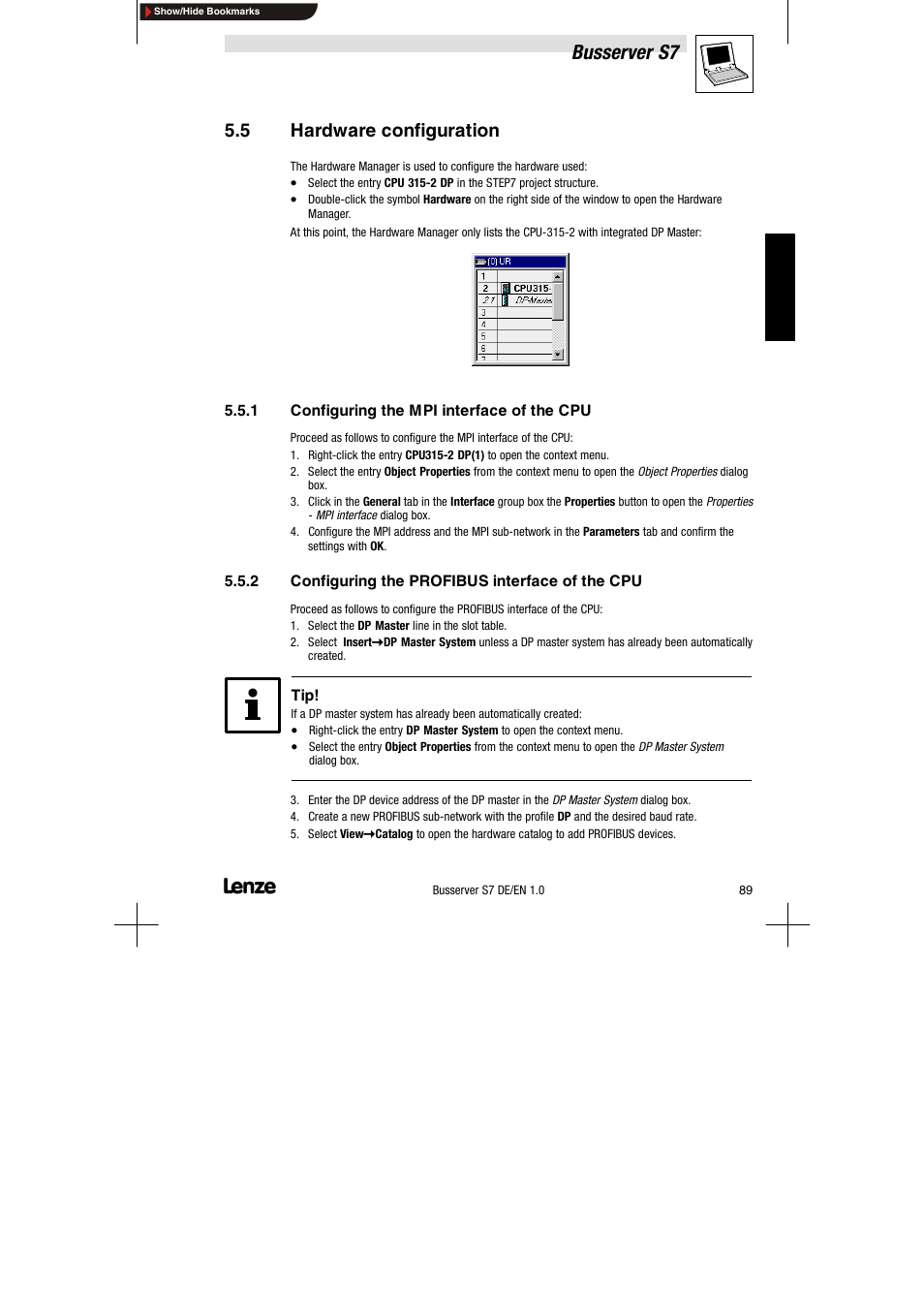 5 hardware configuration, 1 configuring the mpi interface of the cpu, 2 configuring the profibus interface of the cpu | Hardware configuration, Configuring the mpi interface of the cpu, Configuring the profibus interface of the cpu, Busserver s7 | Lenze Drive Server Bus server S7 getting started User Manual | Page 28 / 63