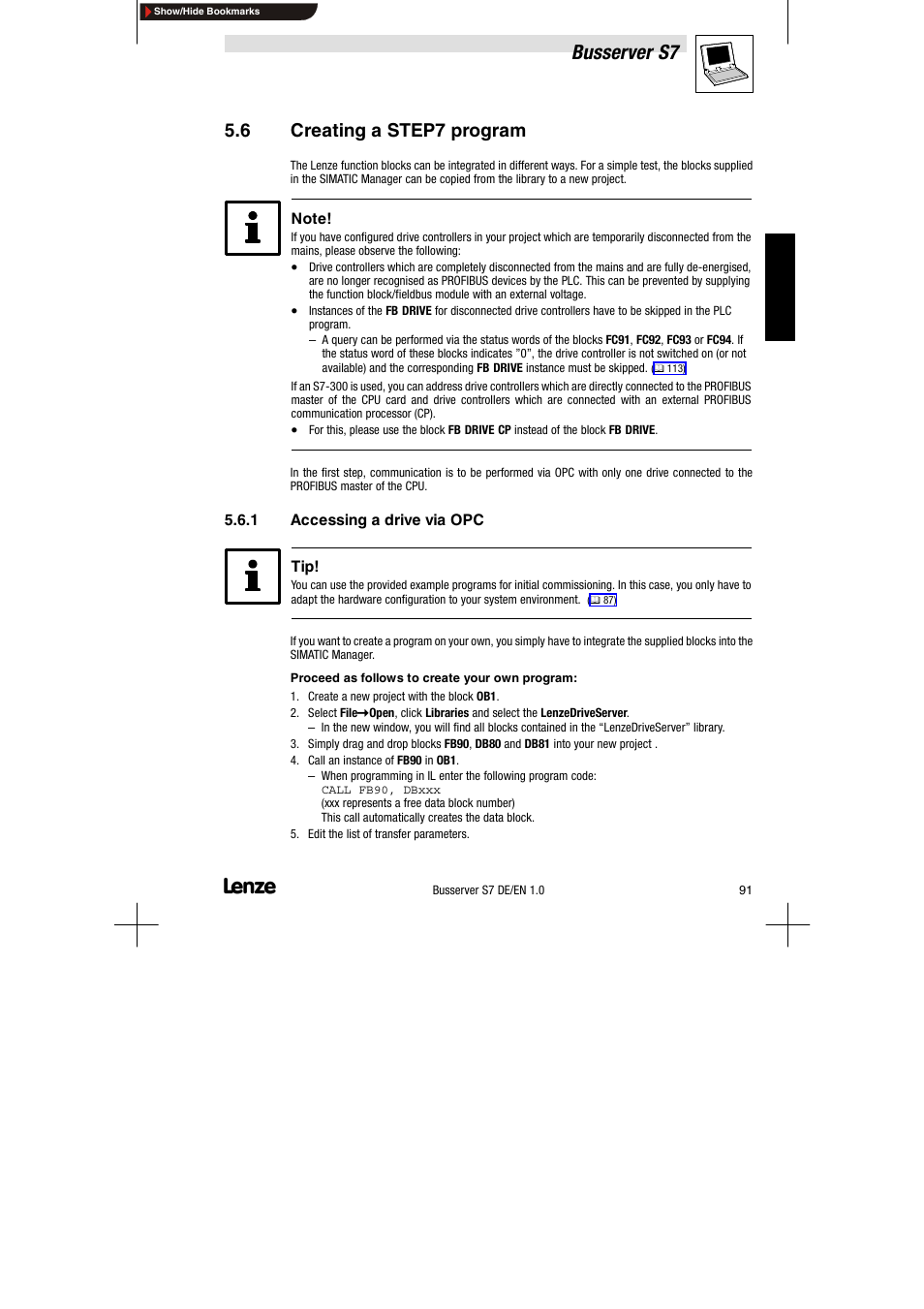 6 creating a step7 program, 1 accessing a drive via opc, Creating a step7 program | Accessing a drive via opc, Busserver s7 | Lenze Drive Server Bus server S7 getting started User Manual | Page 30 / 63