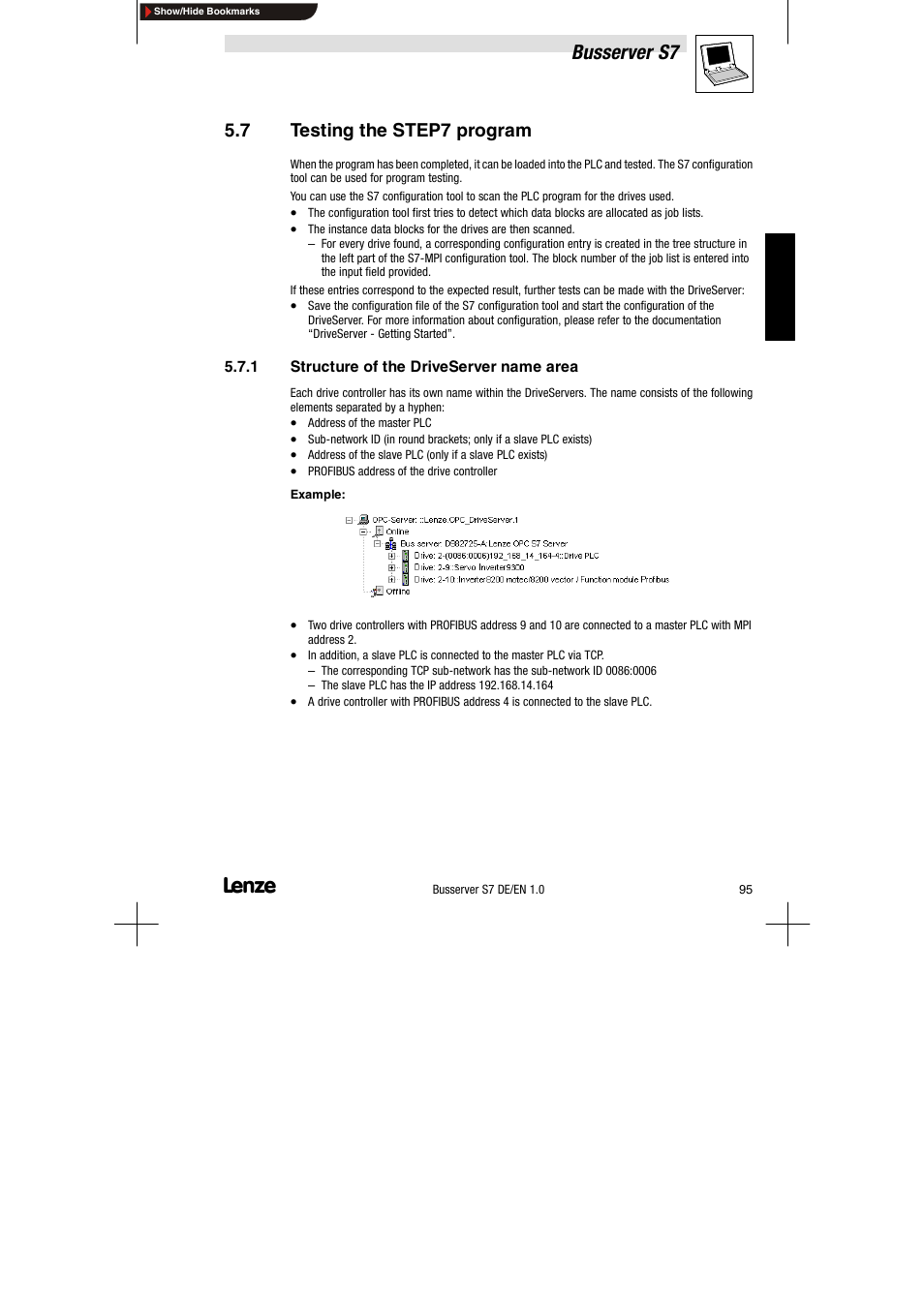 7 testing the step7 program, 1 structure of the driveserver name area, Testing the step7 program | Structure of the driveserver name area, Busserver s7 | Lenze Drive Server Bus server S7 getting started User Manual | Page 34 / 63