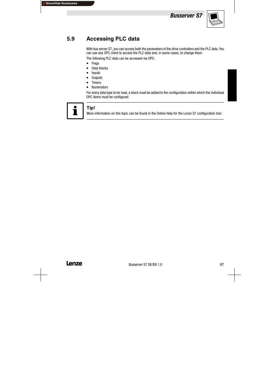 9 accessing plc data, Accessing plc data, Busserver s7 | Lenze Drive Server Bus server S7 getting started User Manual | Page 36 / 63