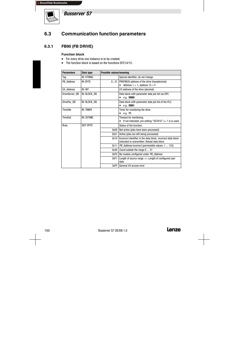 3 communication function parameters, 1 fb90 (fb drive), Communication function parameters | Fb90 (fb drive), Busserver s7 | Lenze Drive Server Bus server S7 getting started User Manual | Page 39 / 63