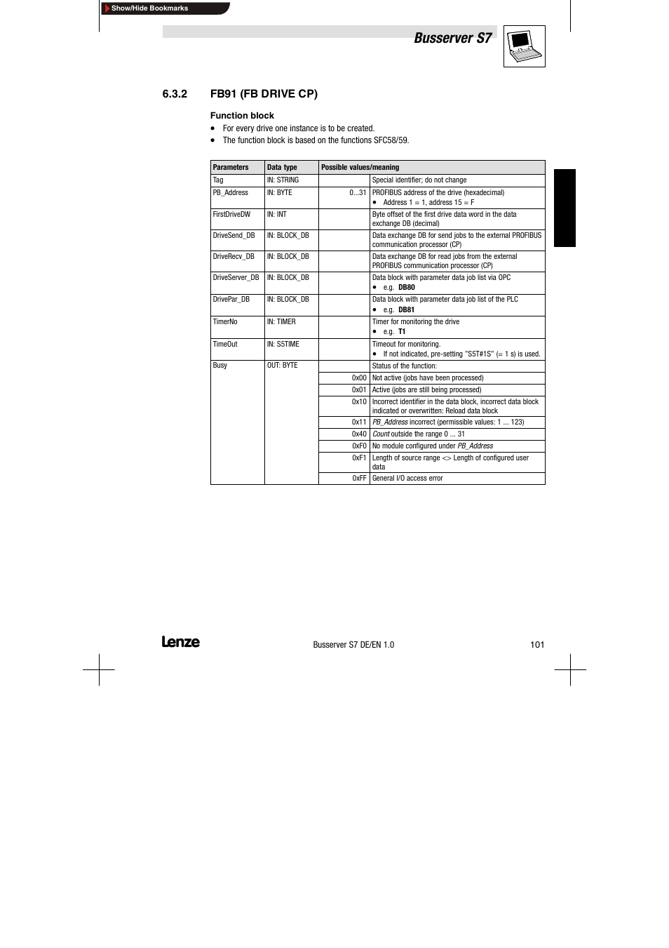 2 fb91 (fb drive cp), Fb91 (fb drive cp), Busserver s7 | Lenze Drive Server Bus server S7 getting started User Manual | Page 40 / 63