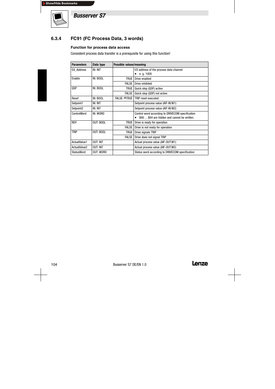 4 fc91 (fc process data, 3 words), Fc91 (fc process data, 3 words), Busserver s7 | Lenze Drive Server Bus server S7 getting started User Manual | Page 43 / 63