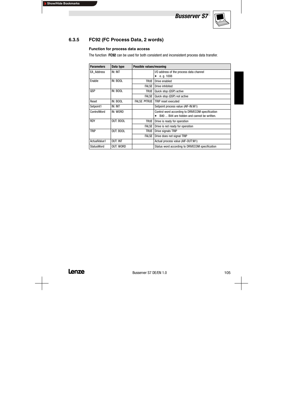 5 fc92 (fc process data, 2 words), Fc92 (fc process data, 2 words), Busserver s7 | Lenze Drive Server Bus server S7 getting started User Manual | Page 44 / 63
