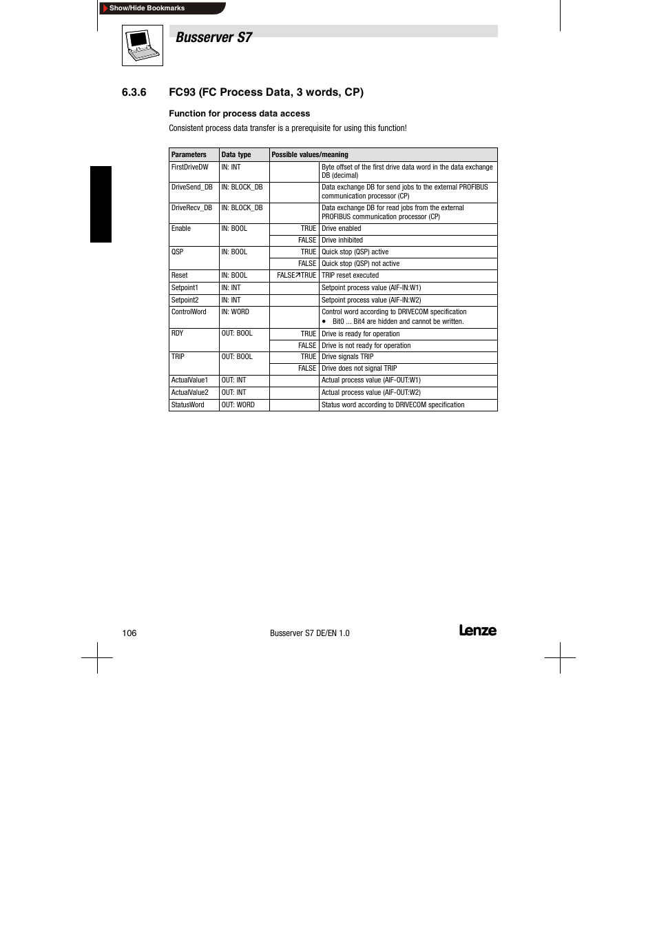 6 fc93 (fc process data, 3 words, cp), Fc93 (fc process data, 3 words, cp), Busserver s7 | Lenze Drive Server Bus server S7 getting started User Manual | Page 45 / 63
