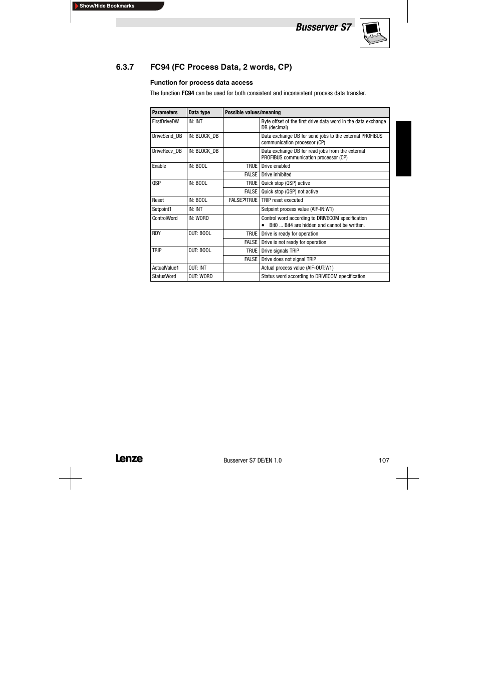 7 fc94 (fc process data, 2 words, cp), Fc94 (fc process data, 2 words, cp), Busserver s7 | Lenze Drive Server Bus server S7 getting started User Manual | Page 46 / 63