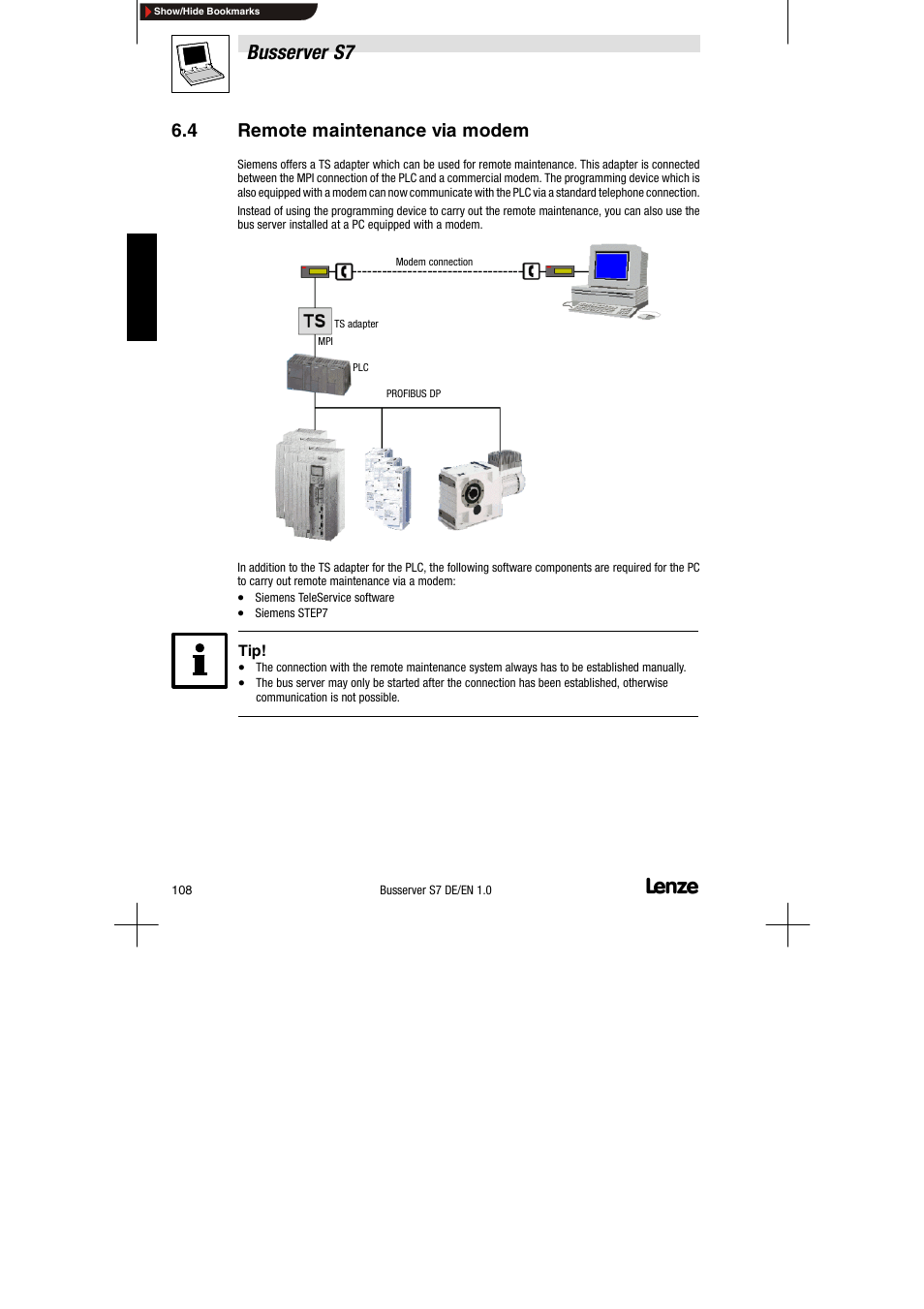 4 remote maintenance via modem, Remote maintenance via modem, Busserver s7 | Lenze Drive Server Bus server S7 getting started User Manual | Page 47 / 63