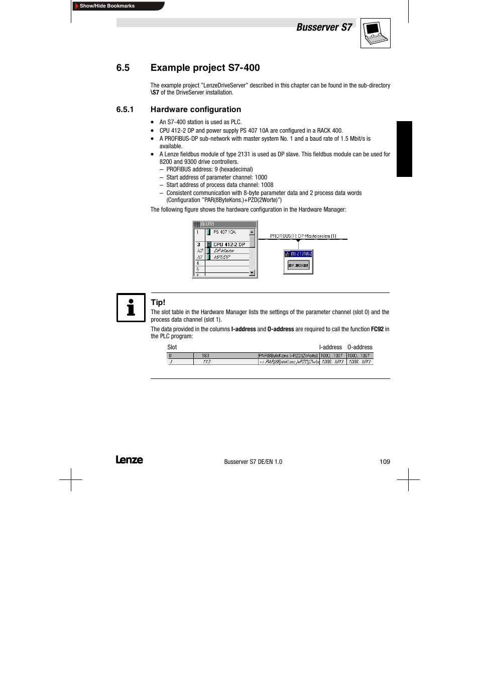 5 example project s7-400, 1 hardware configuration, Example project s7-400 | Hardware configuration, Busserver s7 | Lenze Drive Server Bus server S7 getting started User Manual | Page 48 / 63