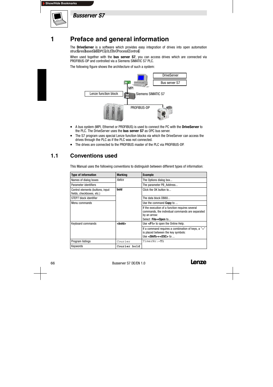 1 preface and general information, 1 conventions used, Conventions used | 1preface and general information, Busserver s7 | Lenze Drive Server Bus server S7 getting started User Manual | Page 5 / 63