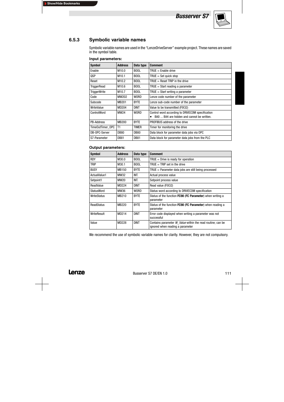3 symbolic variable names, Symbolic variable names, Busserver s7 | Lenze Drive Server Bus server S7 getting started User Manual | Page 50 / 63