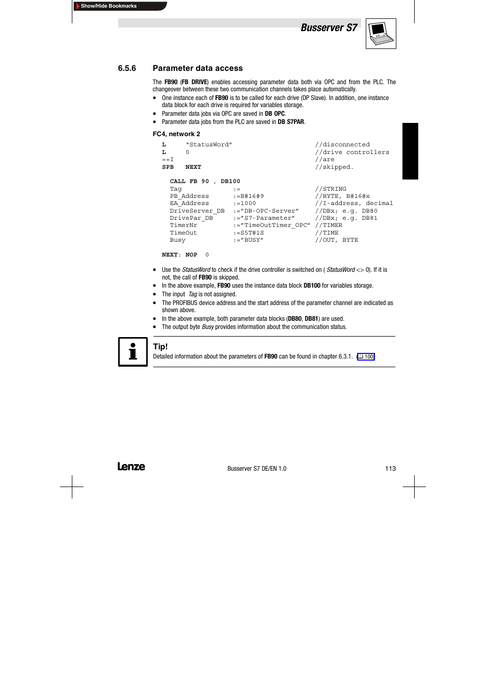 6 parameter data access, Parameter data access, Busserver s7 | Lenze Drive Server Bus server S7 getting started User Manual | Page 52 / 63