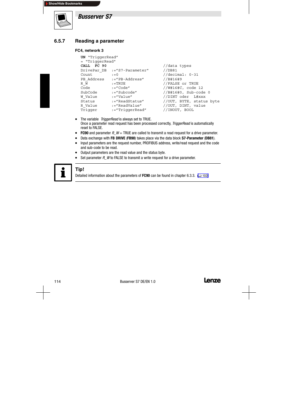 7 reading a parameter, Reading a parameter, Busserver s7 | Lenze Drive Server Bus server S7 getting started User Manual | Page 53 / 63