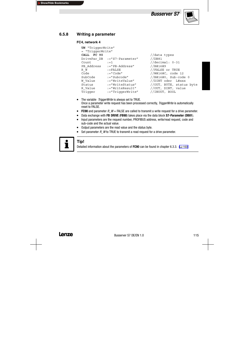 8 writing a parameter, Writing a parameter, Busserver s7 | Lenze Drive Server Bus server S7 getting started User Manual | Page 54 / 63