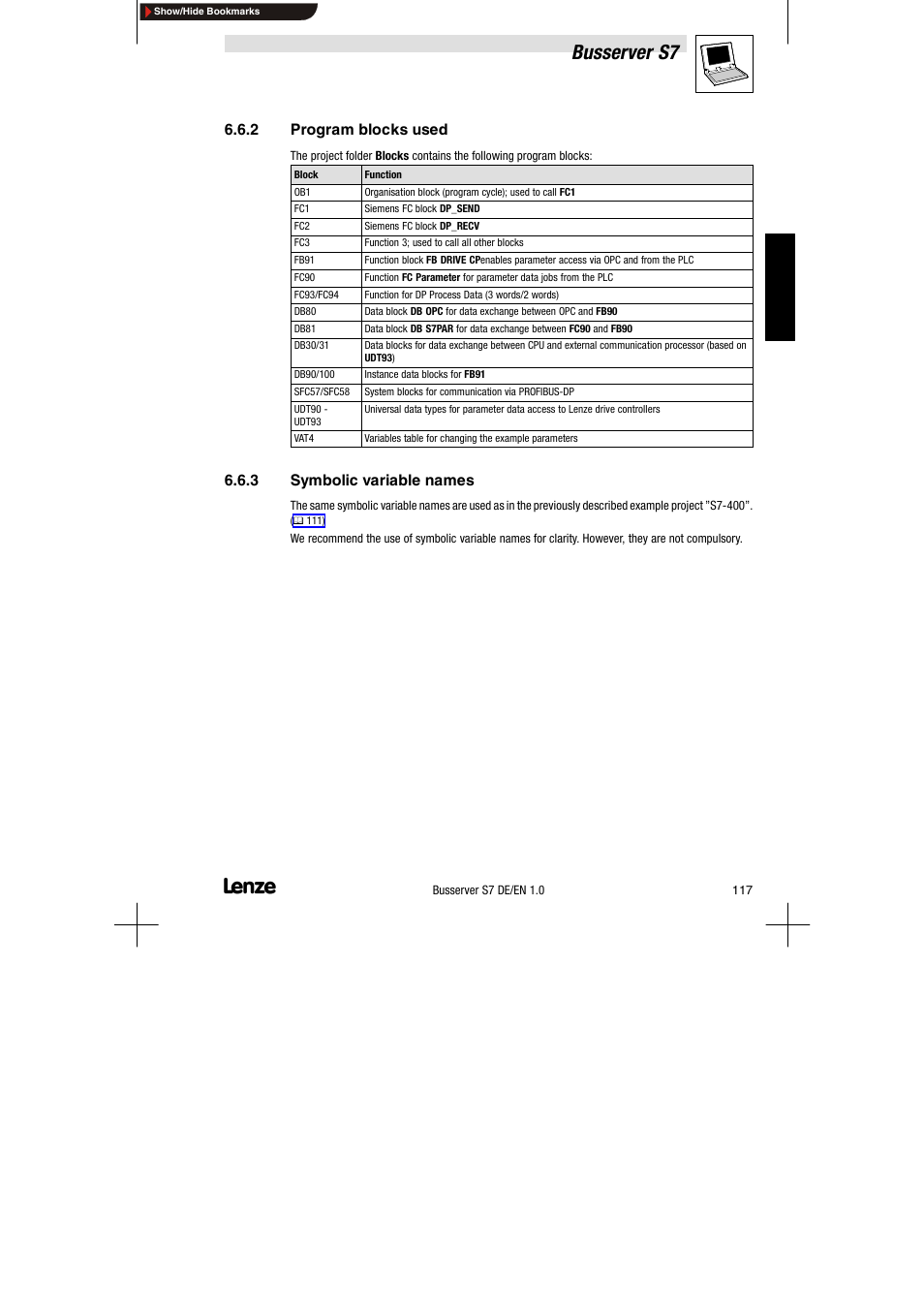 2 program blocks used, 3 symbolic variable names, Program blocks used | Symbolic variable names, Busserver s7 | Lenze Drive Server Bus server S7 getting started User Manual | Page 56 / 63